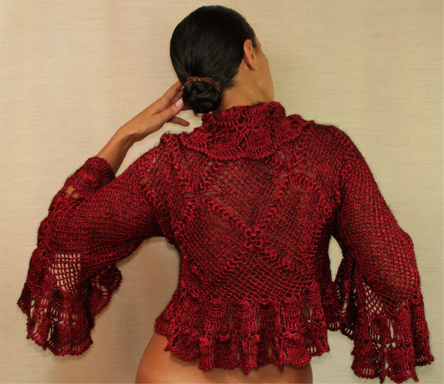 Oleander Nights of Bosphorus/ Red Crochet Shrug Bridal Bolero Wedding Shrug Burgundy 3/4 Sleeve Ruffle Lace Bolero Cape S M L By Lilithist