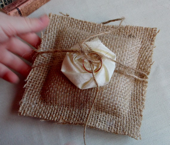 Ring Bearer Pillow Burlap Pillow Shabby Chic Rustic Wedding Ivory and Burlap Handmade Rosette Bridal