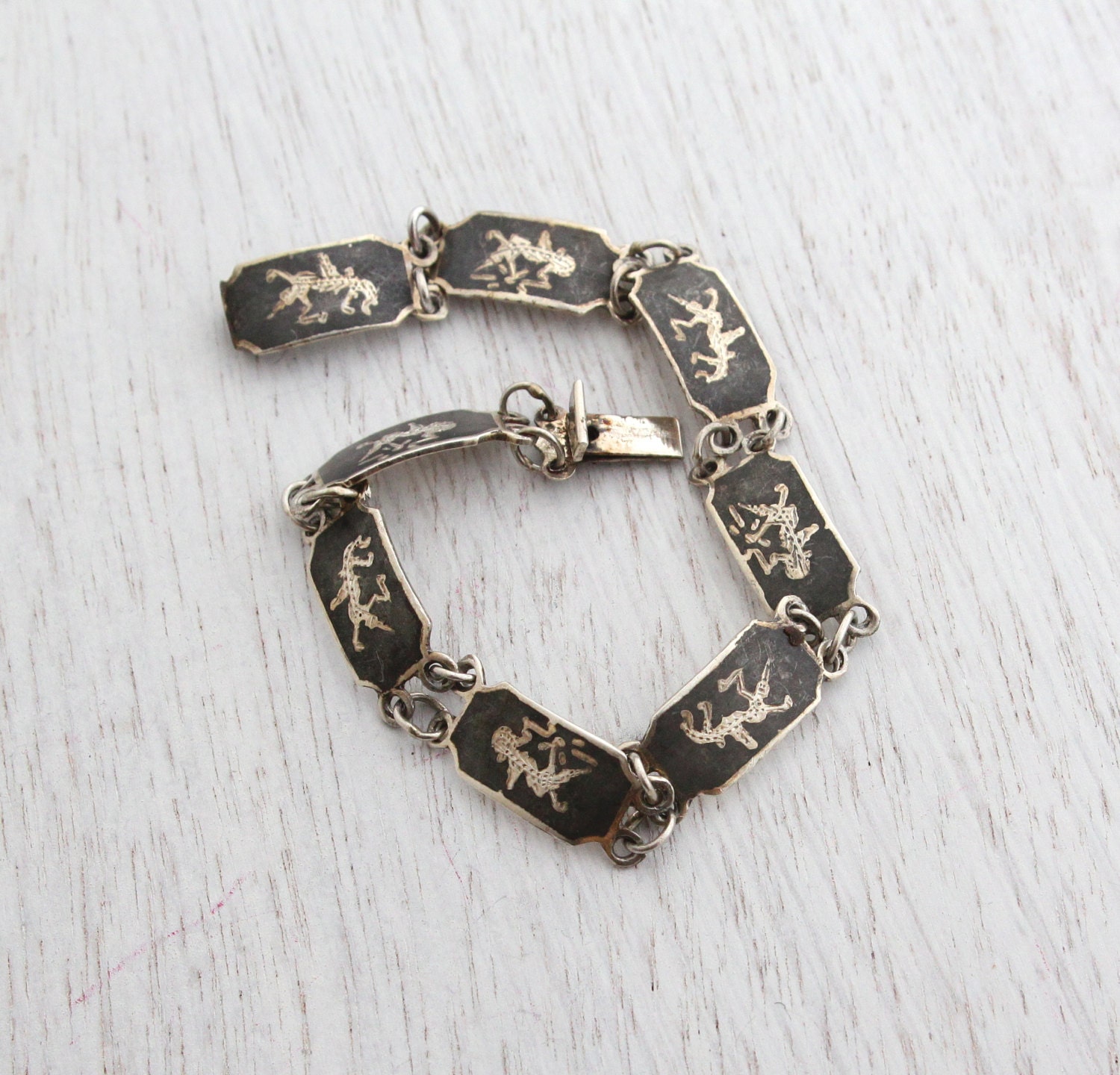 Vintage Sterling Silver Siam Bracelet - Signed Thai Panel Black Enamel ...