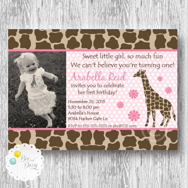Giraffe Invitation for Birthday Party or Baby Shower - Girls DIY Printable Photo Invite by BeeAndDaisy Il_570xn