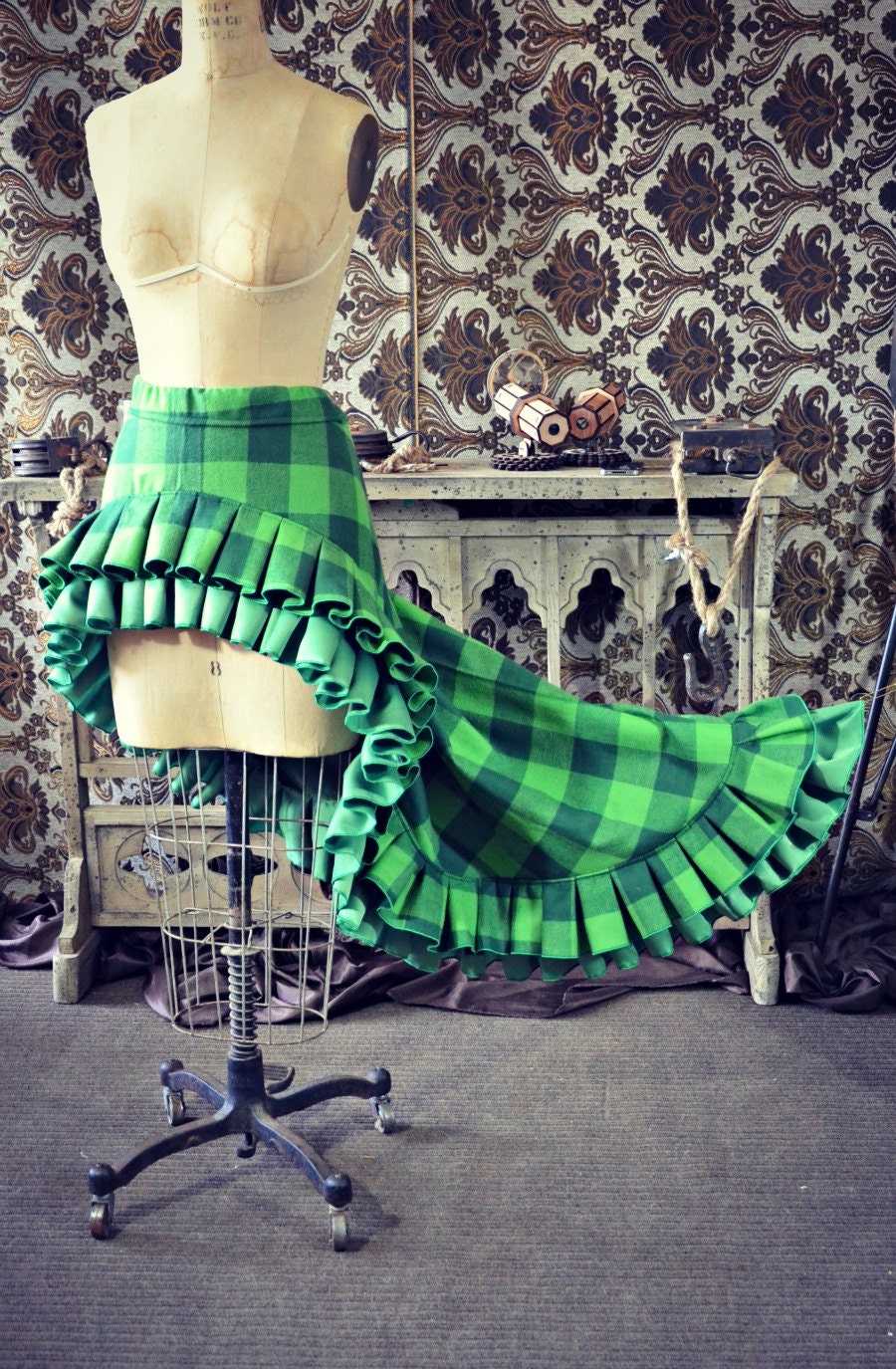 Scandalous Victorian Steampunk Harry Potter Slytherin Green Plaid Ruffle Skirt - WaterlilyWorks