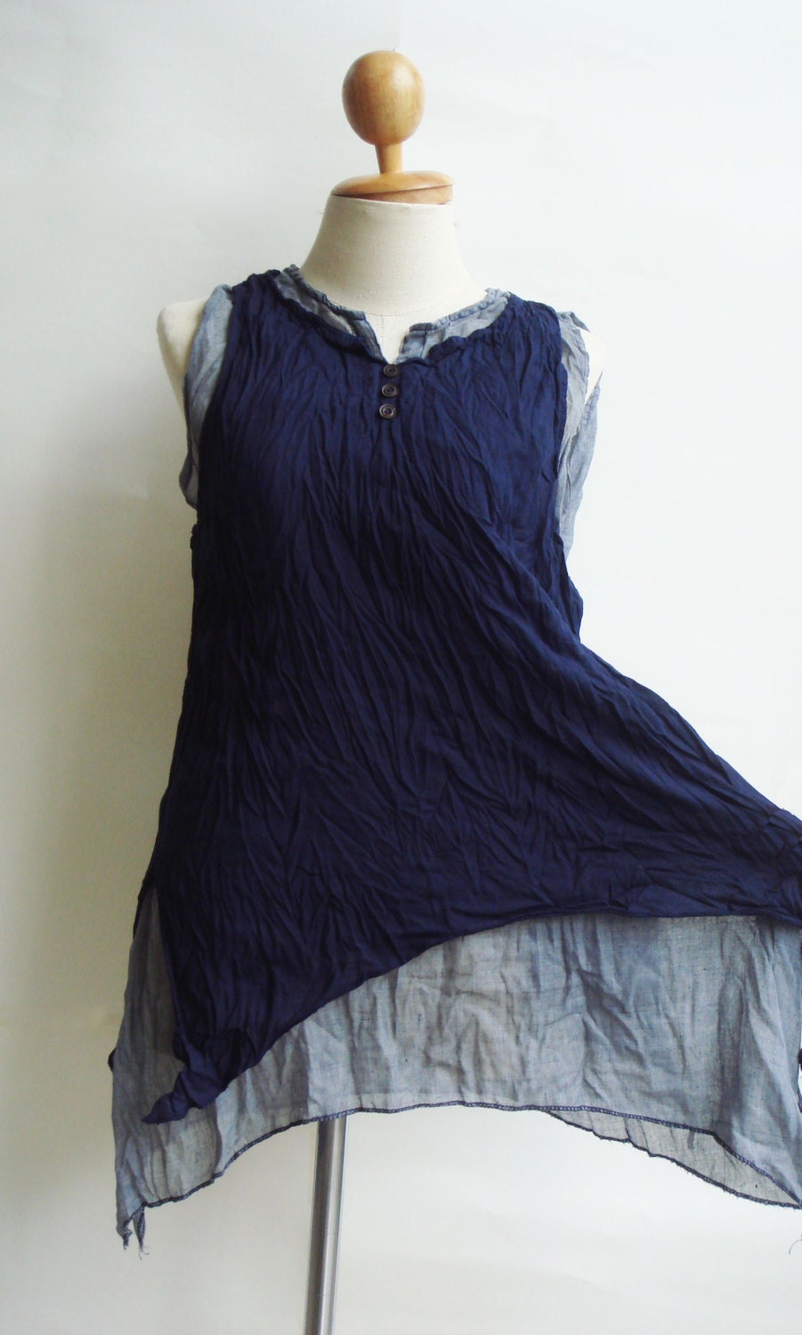 B5, Deep Sea Two Tone Two Layers Sleeveless Dark Blue Cotton Blouse