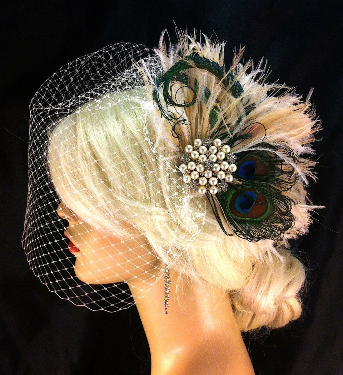 Rhinestone Pearl Bridal Feather Fascinator Bridal By Icegreeneyes 