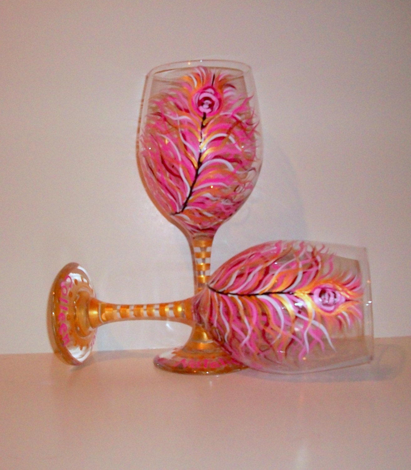 Hot Pink Handpainted Wine Glasses Peacock by SharonsCustomArtwork