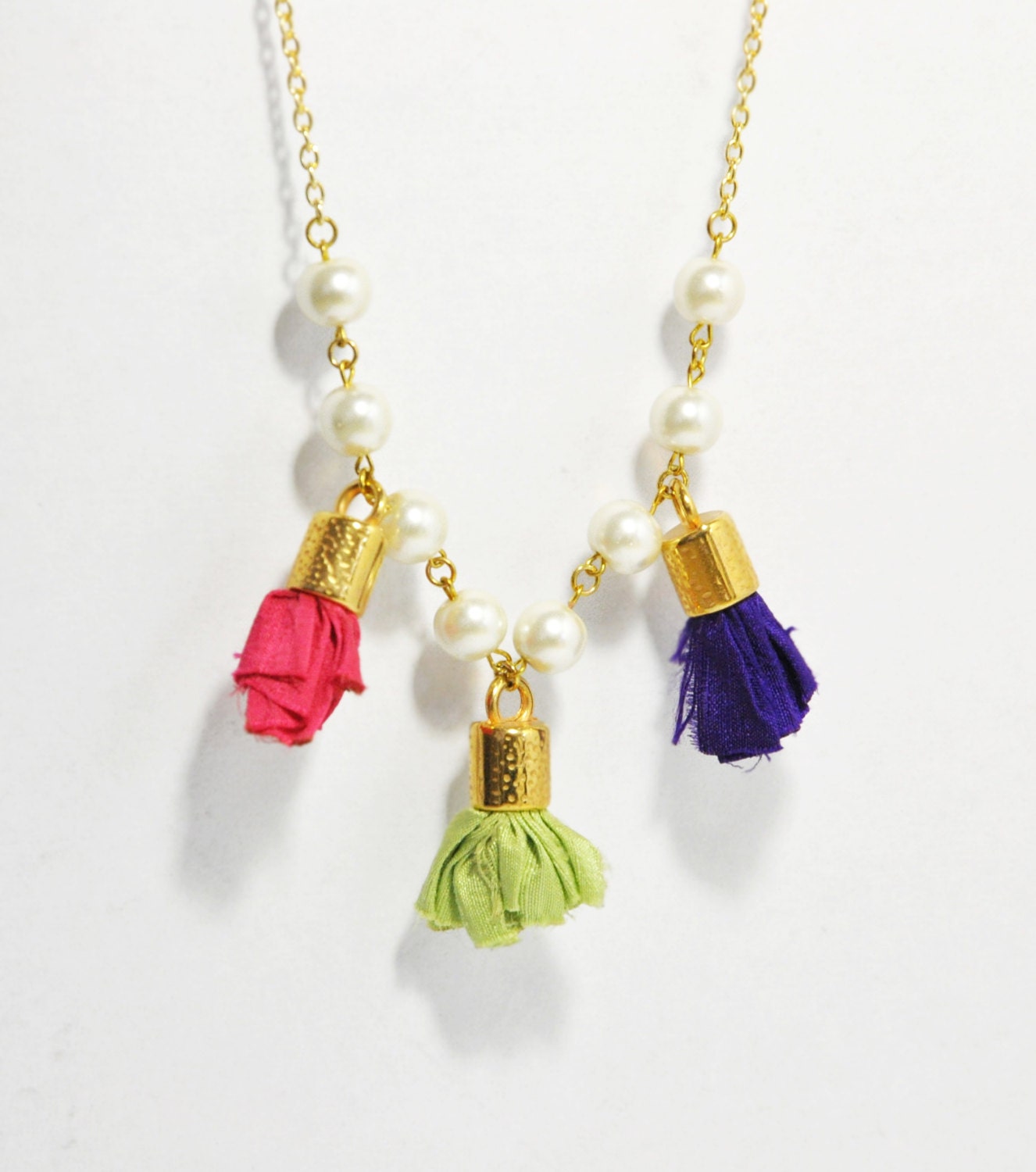 Bead Strand Necklace - Silk Tassel Necklace - Gold Statement Necklace - Mauve Light Pink Light Green Tassels & Ivory Pearls