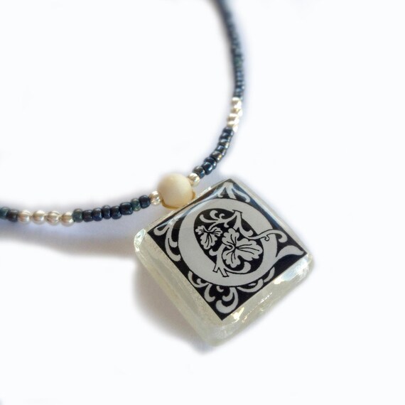 Initial Letter Q Monogram Glass Tile Pendant by CatalinaInspired