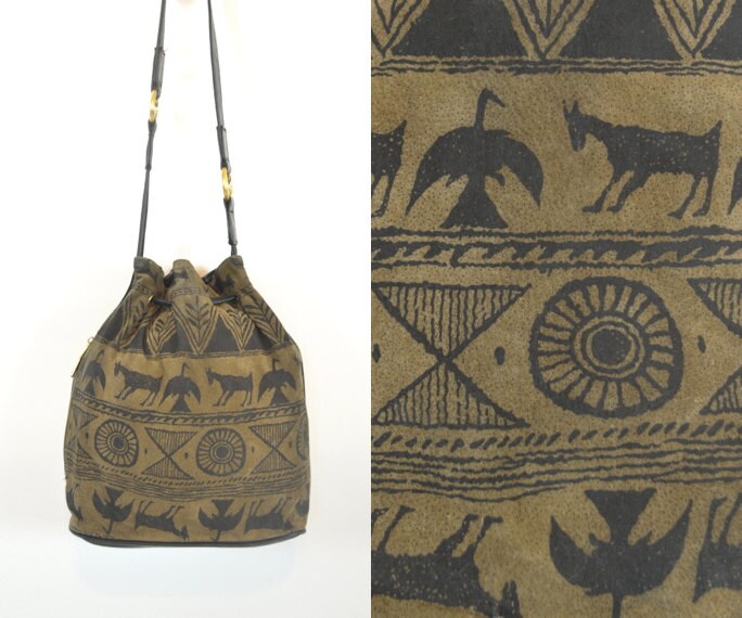 vintage egyptian symbols HIEROGLYPHICS tote pictograph tribal CROSS BODY bucket bag