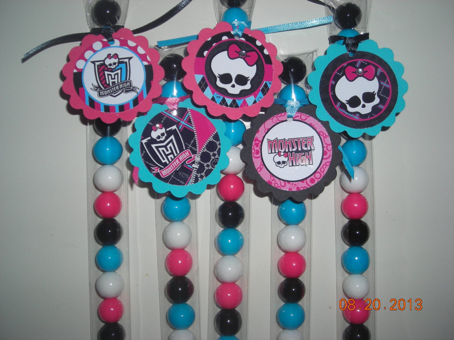12 Monster High Inspired Candy Treat Bags Favors Tags Stix Tubes Toppers Birthday Goodie Bags Party Girls Skull Logo Pink Black Aqua