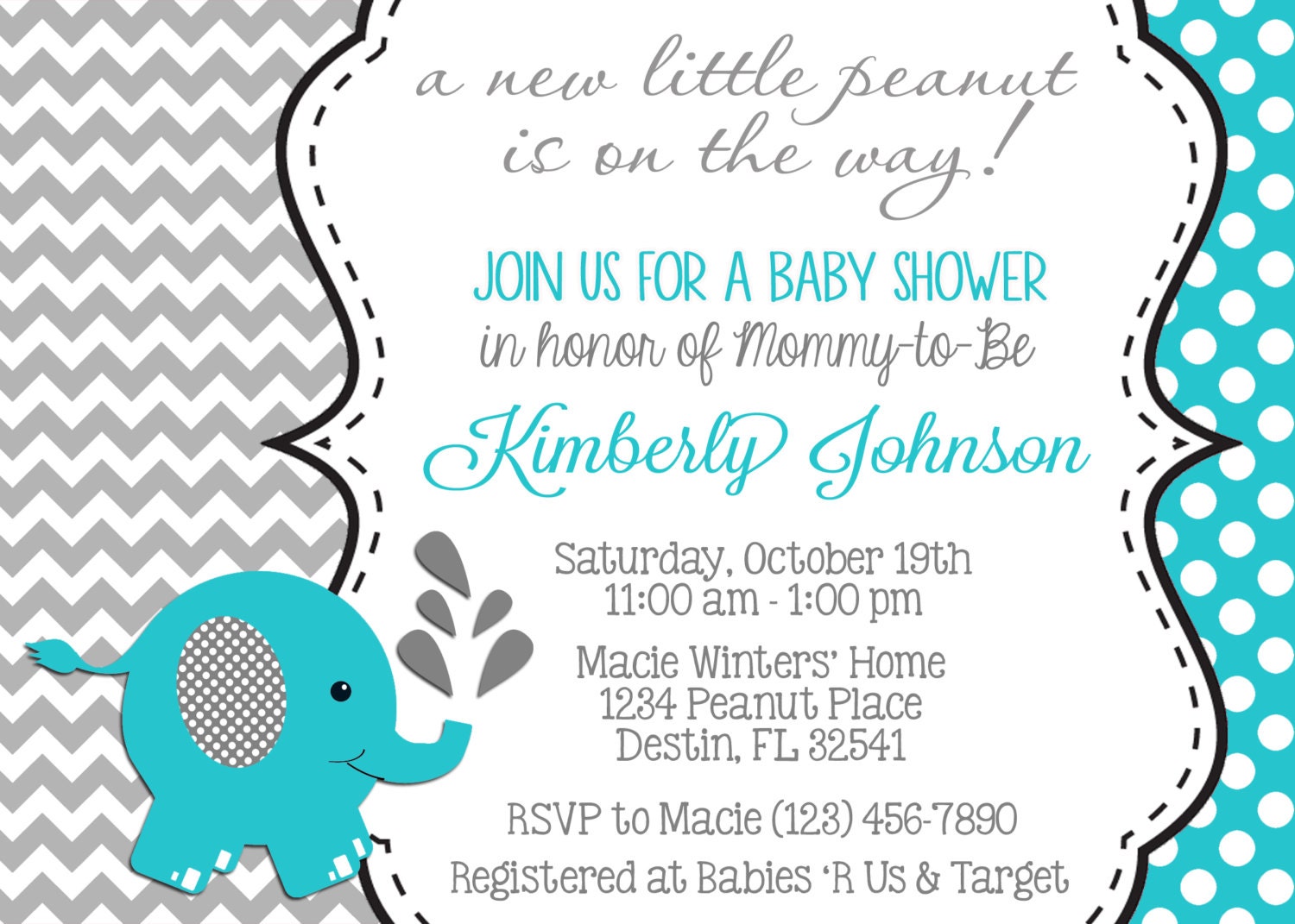 ELEPHANT Turquoise & Gray Chevron Baby Shower Invitation 5x7 - Printable Il_570xn