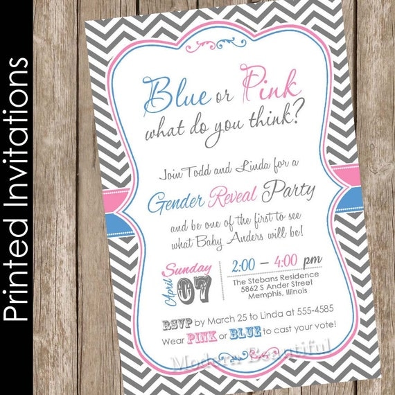 Printed Gender Reveal baby shower invitation, chevron invitation, pink ...