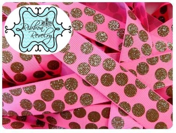 Brown glitter silly dots printed on pink 7/8" grosgrain ribbon-High Quality Il_570xn
