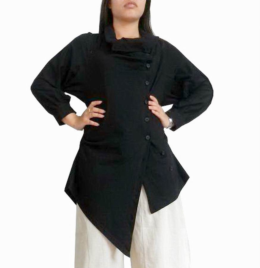 Ladies EMO Top Cowl Neck - 3/4 Sleeve Length - Unique Black Cotton Jersey.