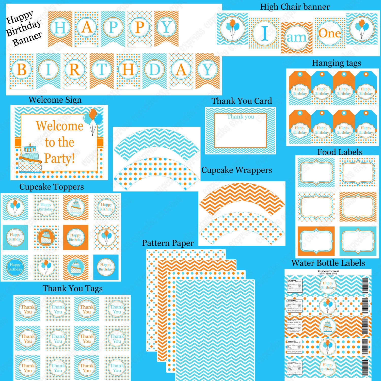 INSTANT DONWLOAD diy Deluxe Orange & Aqua Blue Birthday Party PRINTABLE Part Package Chevron polka dots Il_570xn