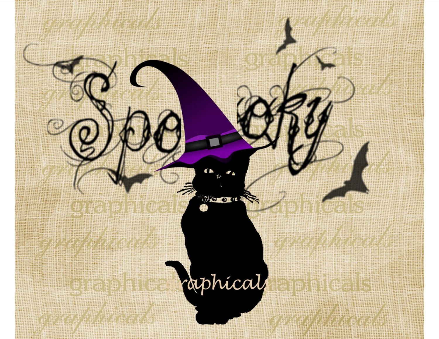 Halloween black cat Digital instant download image Spooky for iron on fabric transfer burlap decoupage tags pillows totebags Item No 2051 - graphicals