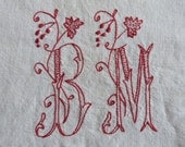 Antique French linen dowry sheet, hand monogrammed wedding linens w red monograms BM w floral embroidery, heirloom bed linens made in France - MyFrenchAntiqueShop