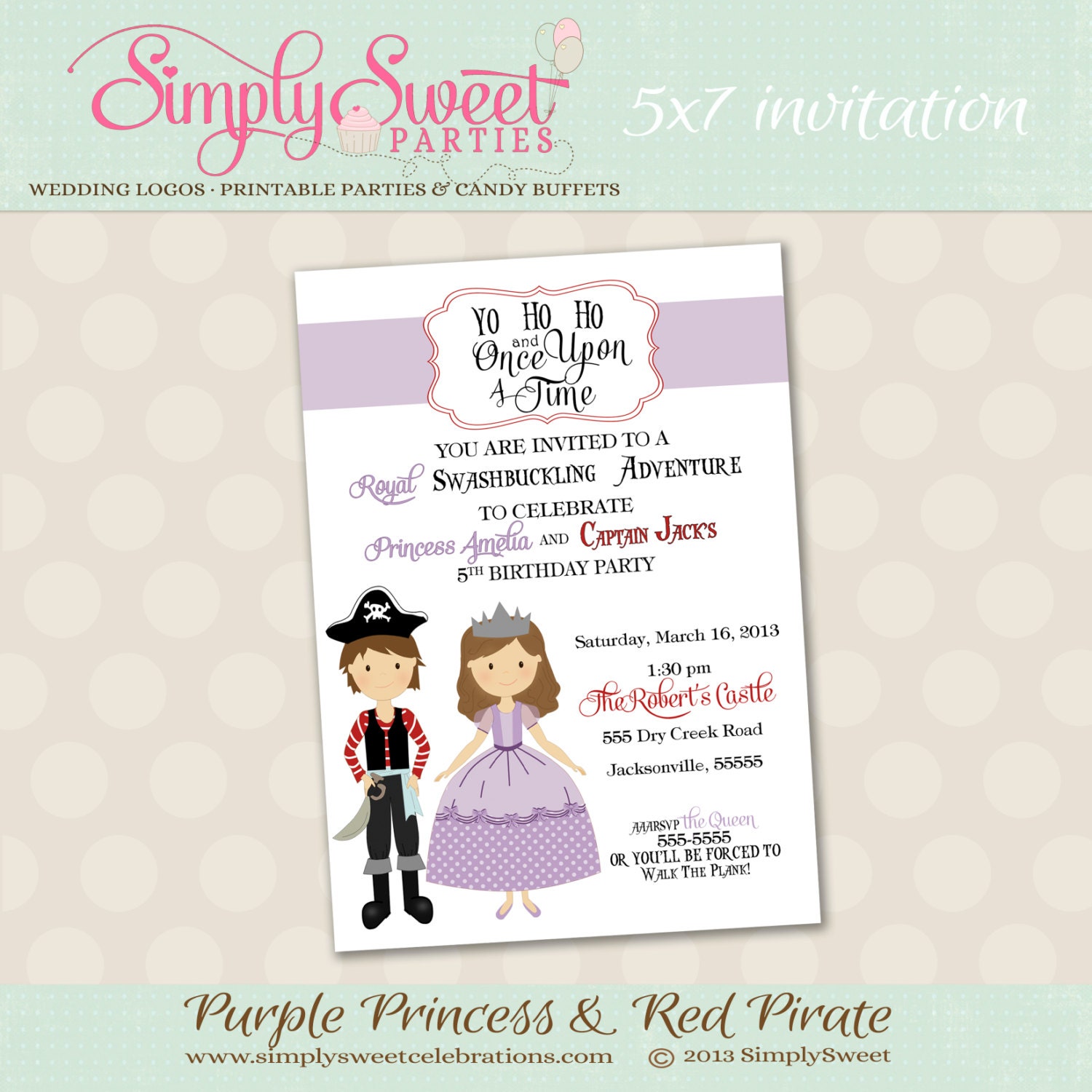 Pirate and Princess Birthday Party PDF file for 5x7 invitation Il_570xn