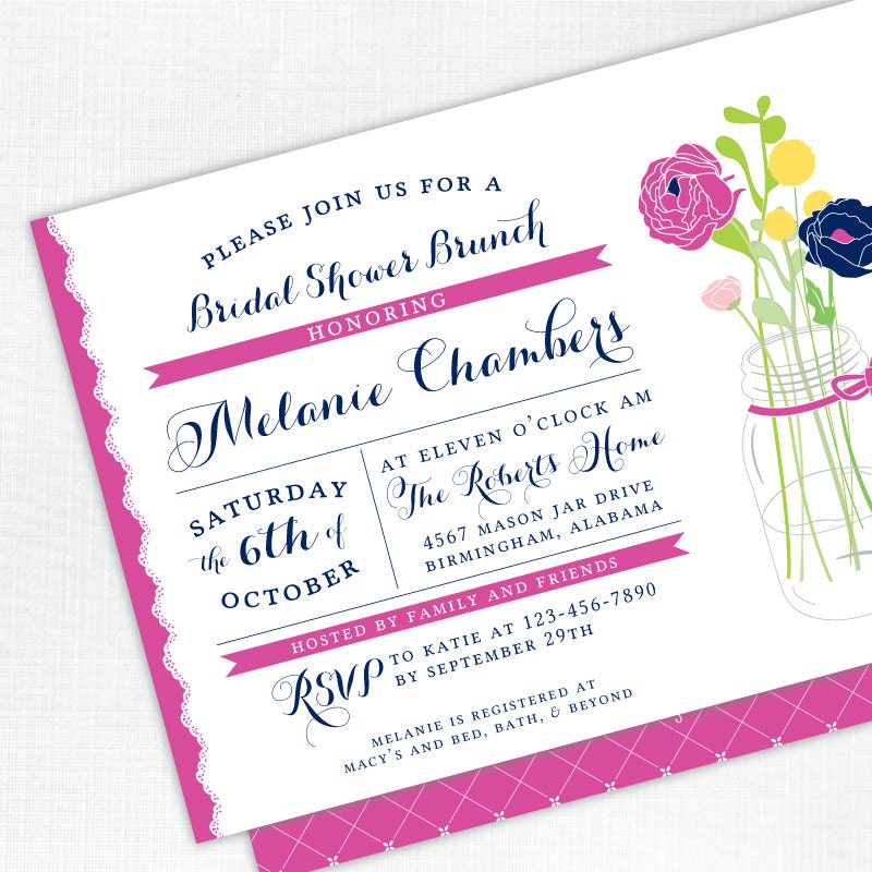 Vintage Mason Jar Bridal Shower Invitation - navy, fuchsia - PRINTED - Printable file also available Il_570xn