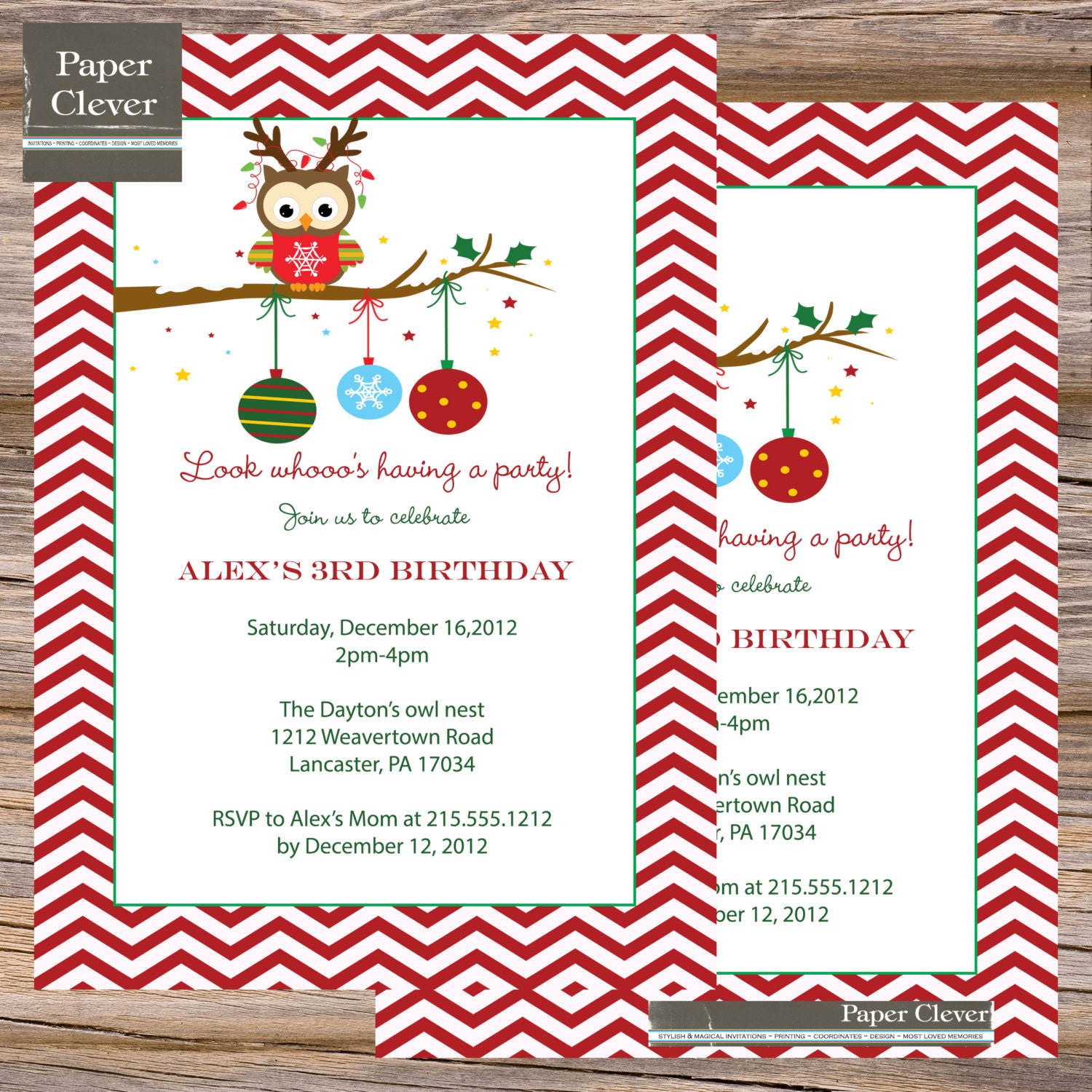 Holiday Invitation, owl, birthday, Christmas - digital file, printable #1111 Il_570xn