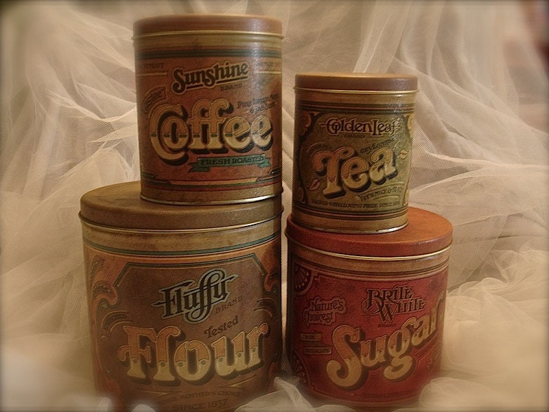 Vintage Tin Canisters Tin Flour / Sugar / Coffee / Tea by