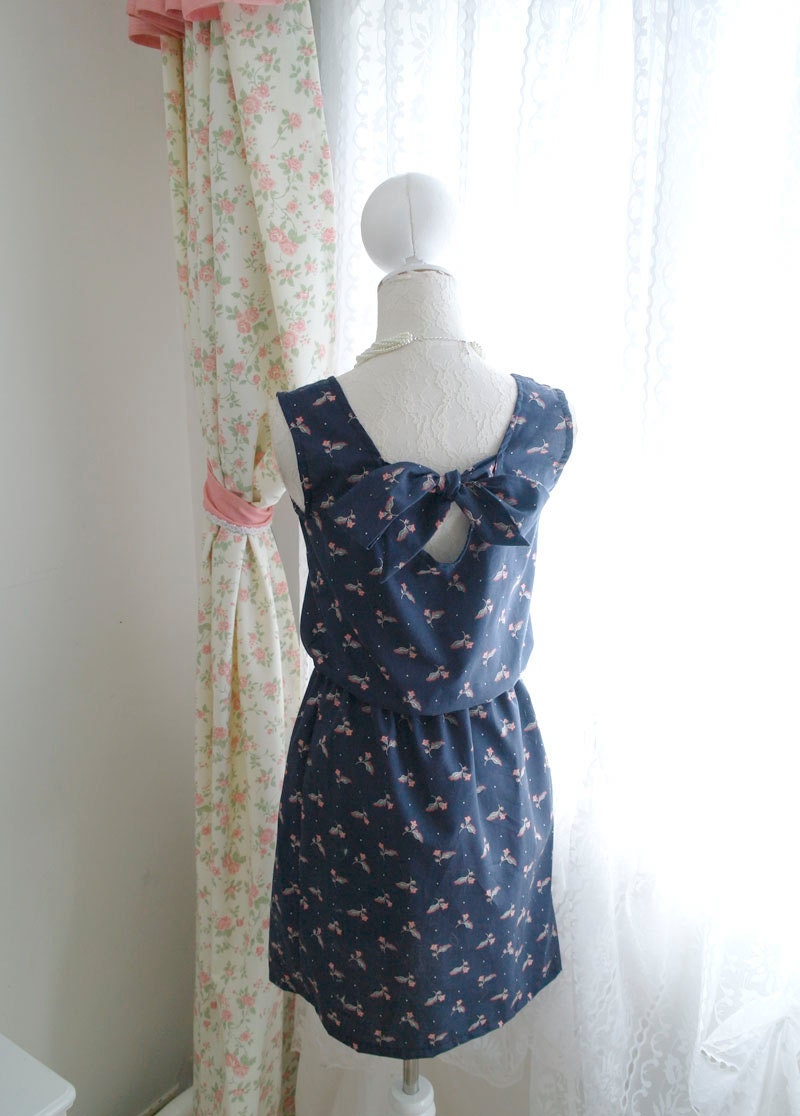 Dark Night Blue Navy Floral Low Back Bow Tie Summer Tea Dress SunDress Sleeveless Tunic Pleated Vintage Inspired / Made to order / Plus size - miadressshop