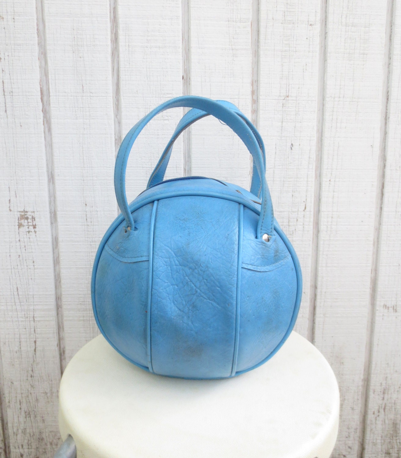 Vintage 70's Bowling Bag Round Purse Blue Leather by kerrilendo