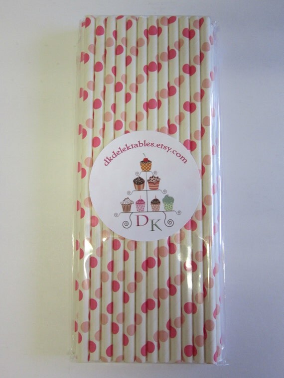 25 Double Polka Dot Paper Drinking Straws Pink & Hot Pink Il_570xn