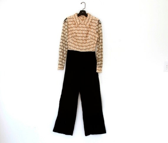 Vintage 60s Jumpsuit Velvet Pants Lace Top by VintageReBelle