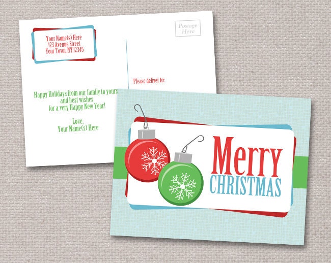 Retro Christmas Postcards - 6 to 250 PRINTED - Personalized with snowflake ornament bulbs Il_570xn