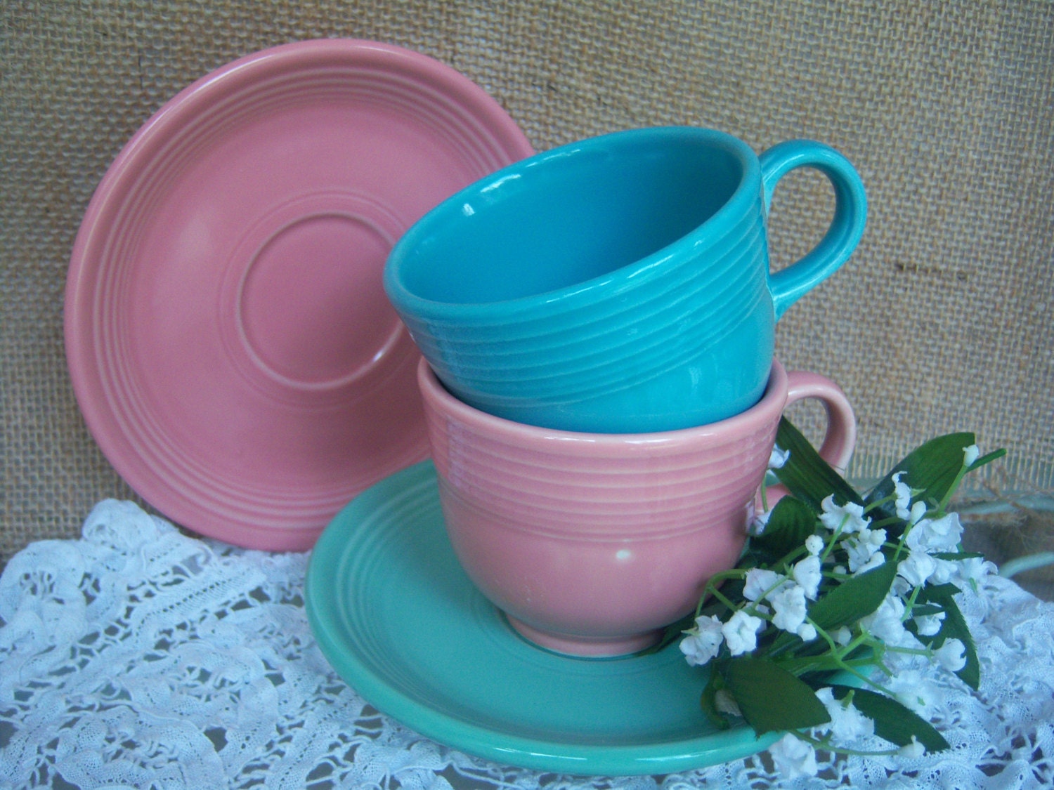 fiesta Fiestaware, turqoise saucers,  Fiesta fiesta, vintage cups fiestaware cups  pink Vintage