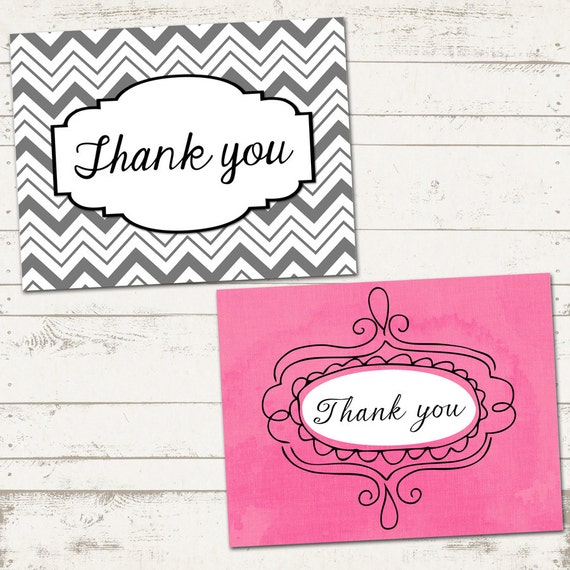 Thank You Card Set - Chevron, Pink Watercolor, Paisley, Damask - Vintage Inspired - Custom, Digital, Printable Designs - 2 Design Set Il_570xn