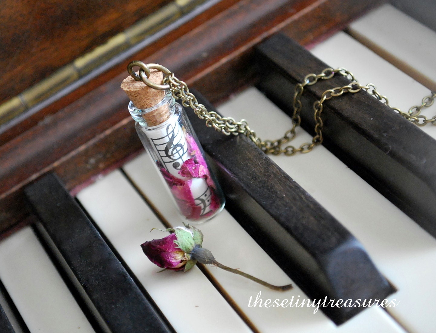 Vintage Music Necklace, Antiqued Brass Necklace, Rose, Rose Pedal, Pink - thesetinytreasures