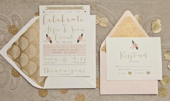 Gatsby Wedding Invitations - Gold and Pink - Scallop - Glam Handmade Wedding Invite Set Il_570xn