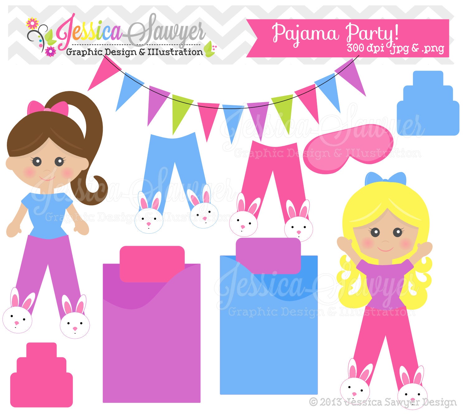 INSTANT DOWNLOAD, pajama party clipart, sleepover clip art, for commercial use, invites, digital scrapbooking, printables Il_570xn