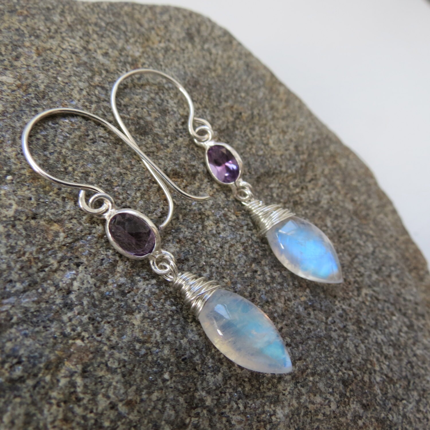 Rainbow Moonstone & Amethyst Sterling Silver Dangle Earrings ... Lotsa blue Flash