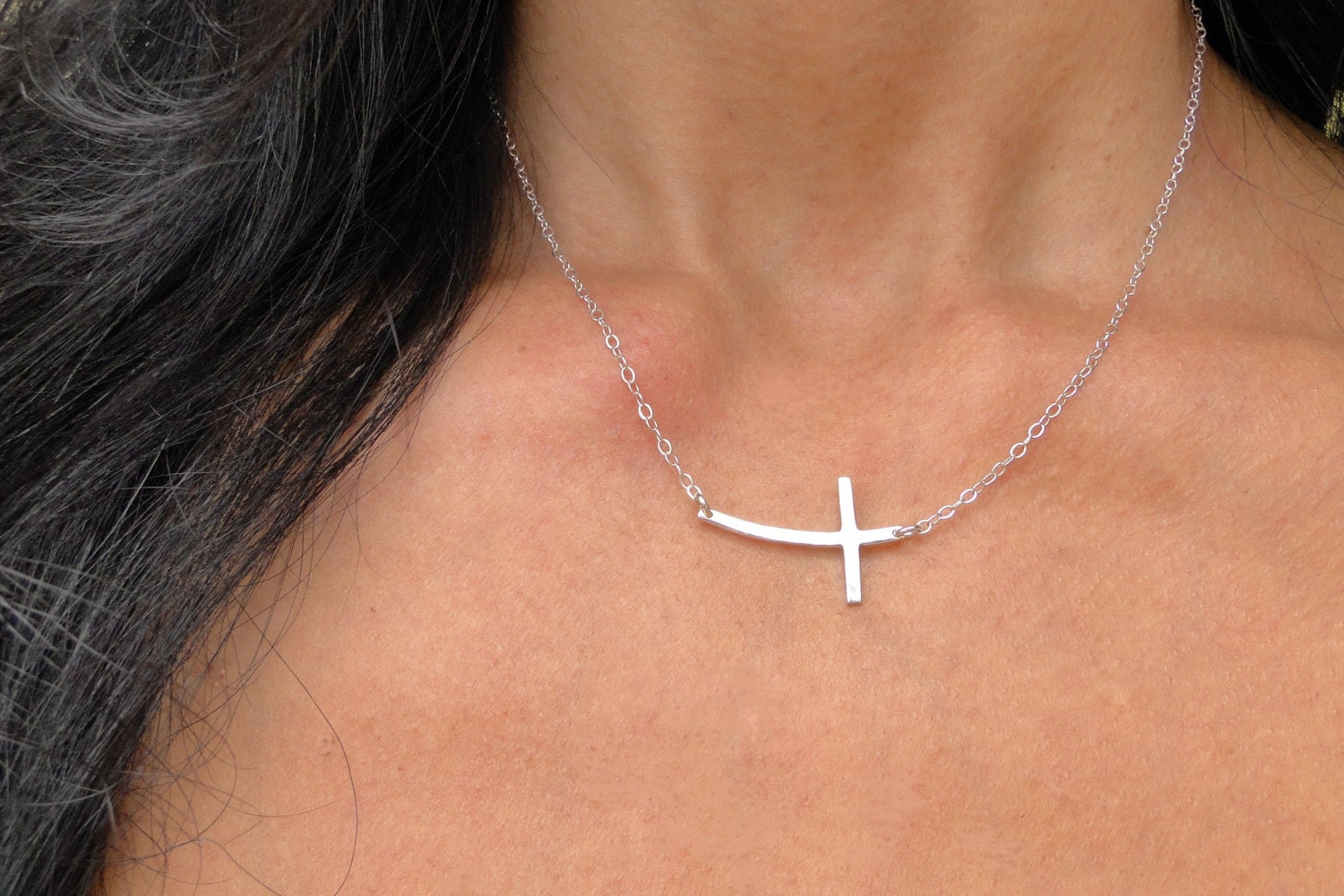 Sterling Silver Curved Sideways Cross Necklace By Dsignzbyrosie