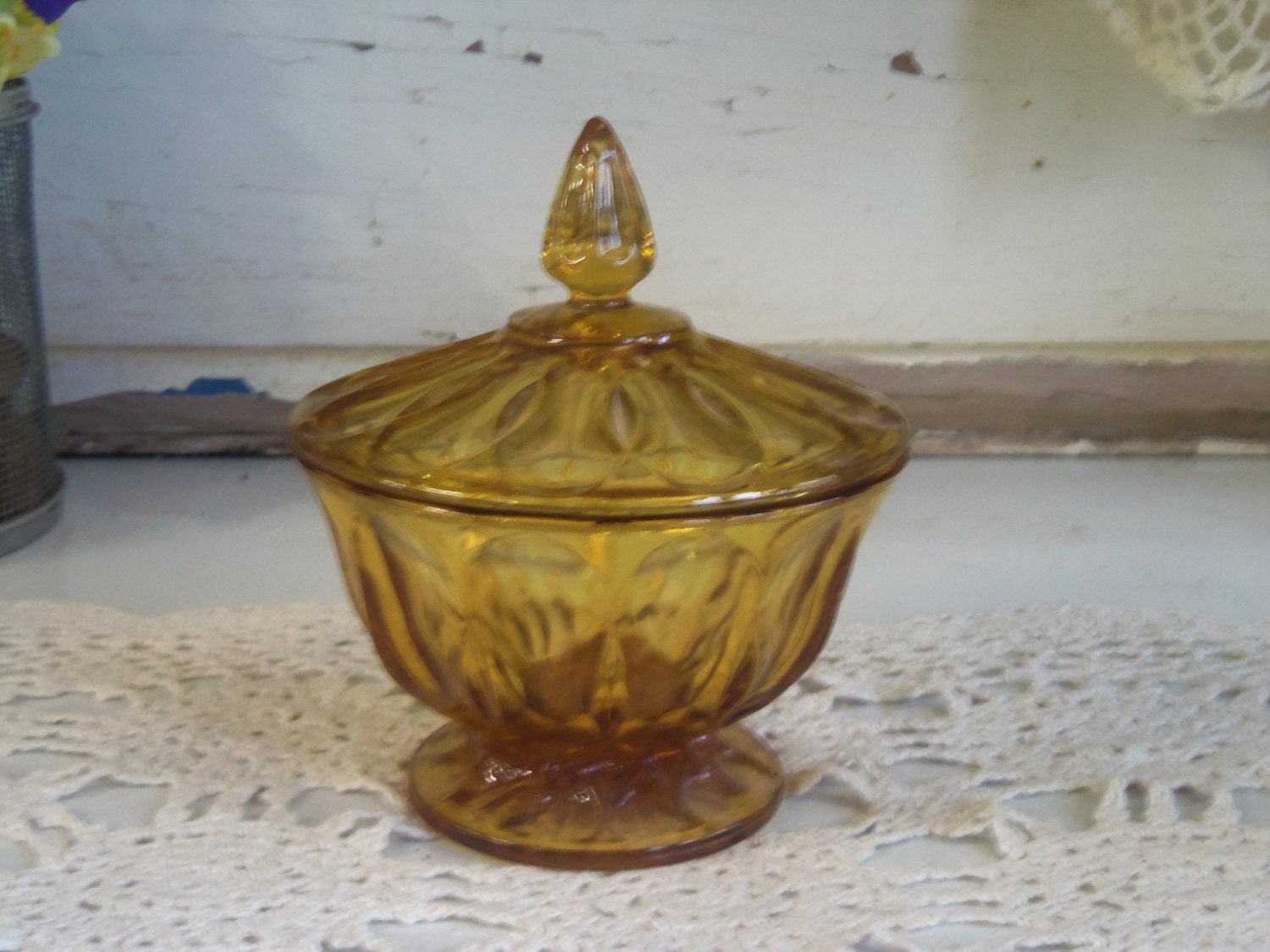 Vintage Amber Glass Lidded Candy Dish B454 by CatfishJarRescue