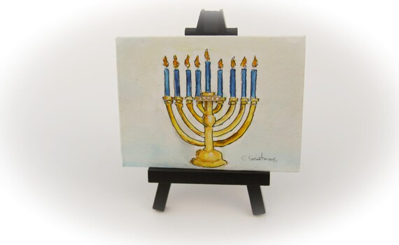 Hanukkah menorah Original watercolor mini fine art by HammerToLace