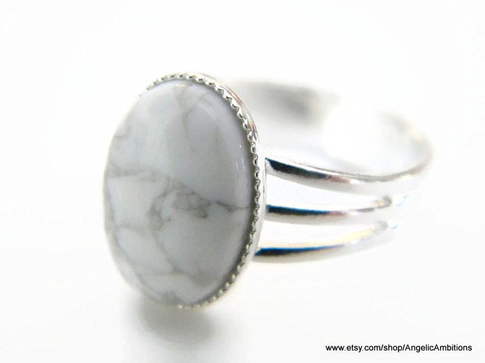 Ring White Howlite Natural  Ring 10x14mm Silver Plated Adjustable Ring - AngelicAmbitions