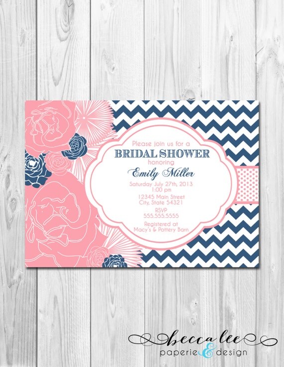 Bridal Shower, Birthday Party, Bachelorette Party, Engagement Party Invitation - Big Pink and Navy Blooms - DIY - Printable Il_570xn