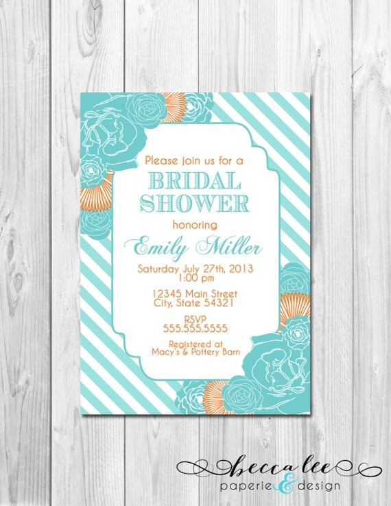 Bridal Shower, Birthday Party, Bachelorette Party, Engagement Party Invitation - Aqua and Orange Blooms and Stripes - DIY - Printable Il_570xn