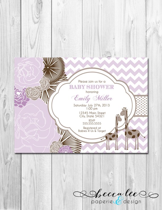 Little Giraffe Baby Shower Invitation - Brown and Purple Big Blooms and Chevron Stripes - DIY - Printable Il_570xn