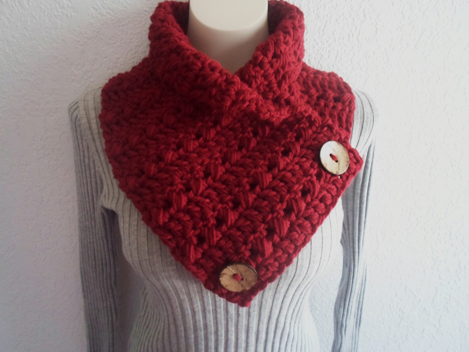 Cranberry Dark Ruby Red Chunky Crochet Cowl Neckwarmer Scarf with Wood Buttons, Ready to Ship