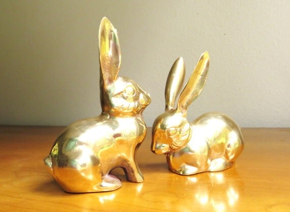 Vintage Brass Rabbit Figurines Gold Bunny by DewyMorningVintage