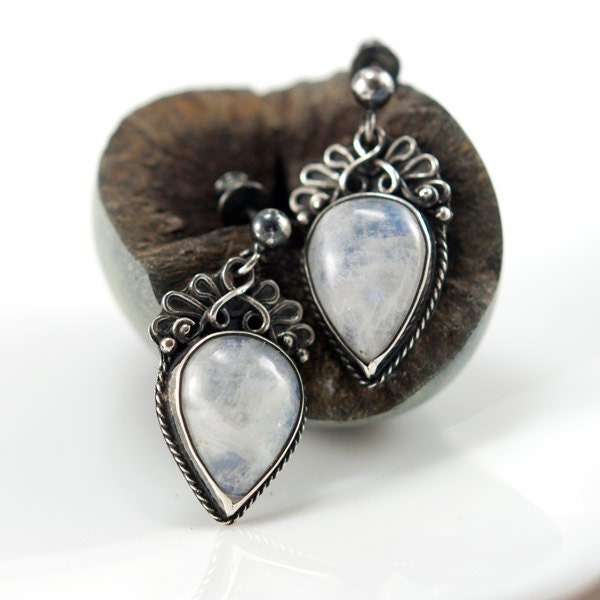 Silver Earrings with Moonstone, Metalsmith Handmade Jewelry, Silversmith Earrings, One of a Kind, OOAK - MauraSarabeth