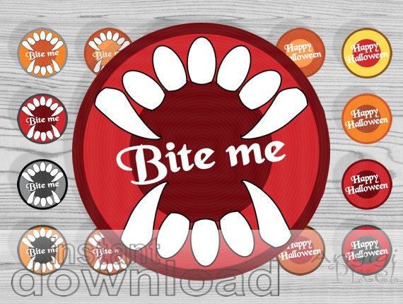 Bite me, Happy Halloween, vampire teeth, printable, party circle, colorful, favor tag, 2 in round, treat bag label, instant download, DIY Il_570xn