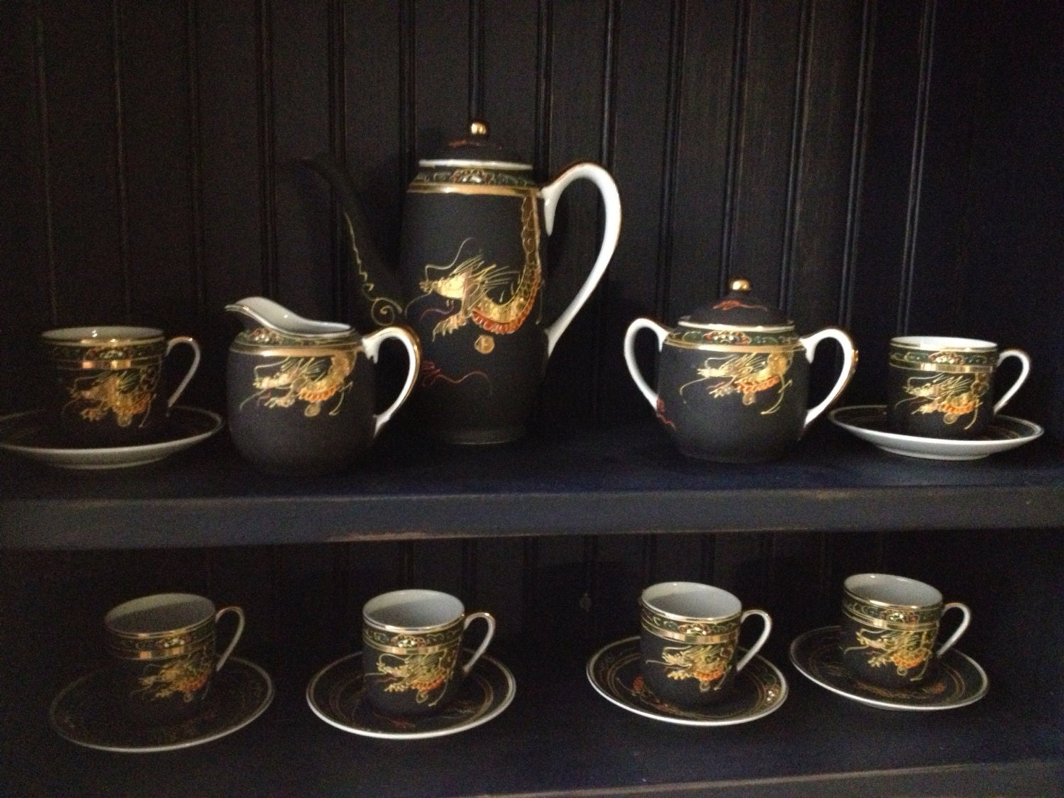 Black and Gold Dragon Japanese Tea Set by VerigeekVintageDsign
