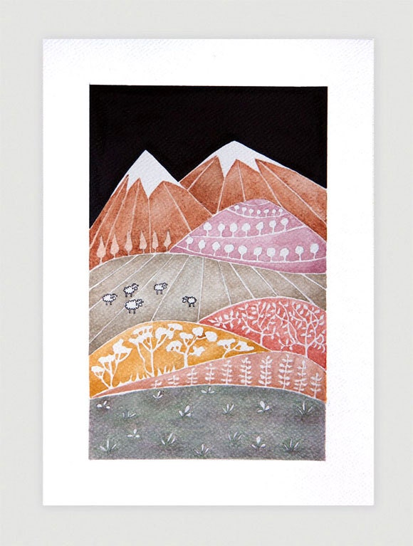 Landscape, Print of watercolor painting, mountains illustration, kids wall art, whimsical by VApinx - VApinx