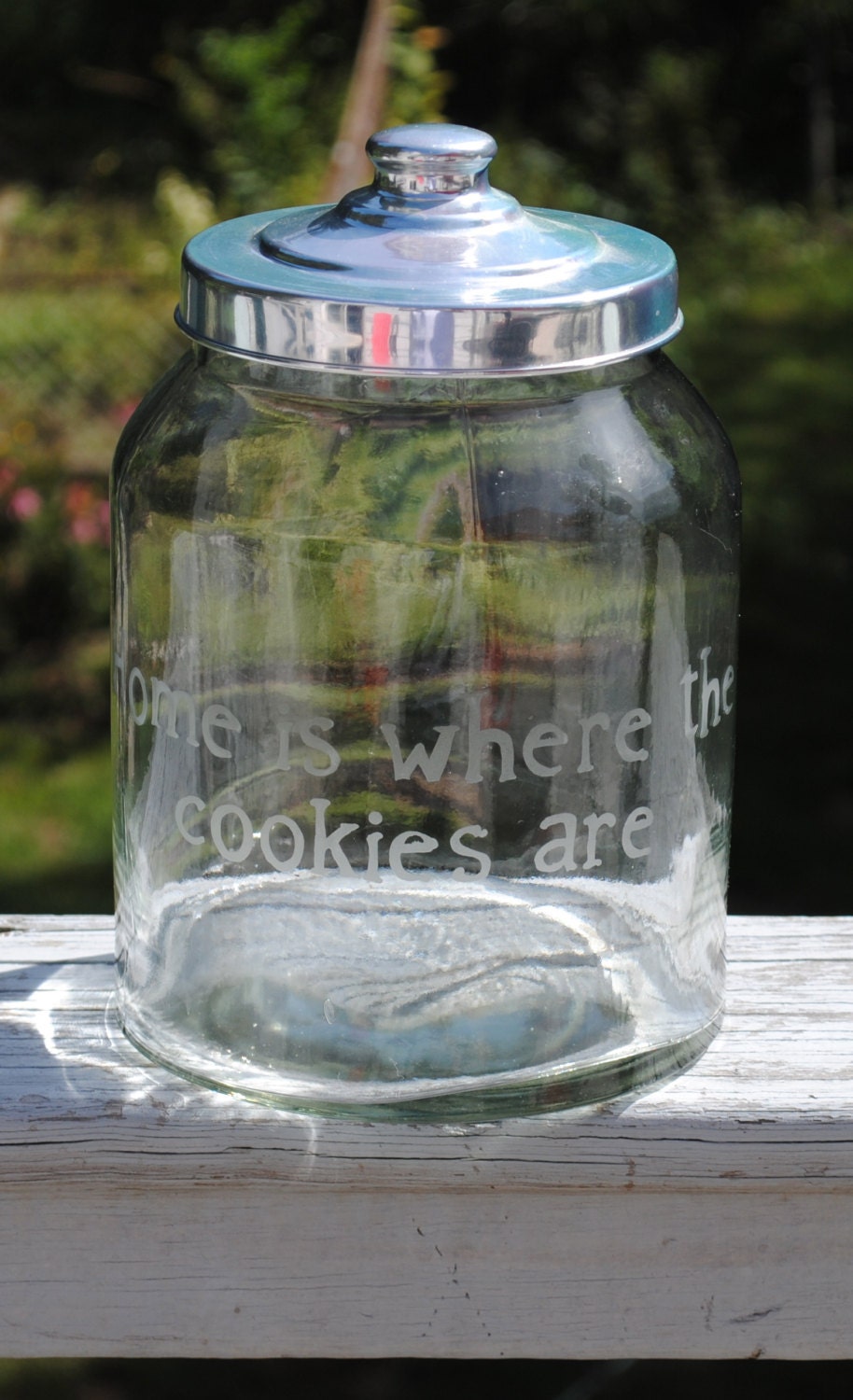 Etched Glass Cookie Jar With Lid Reads Home Is by JustEtchedCo