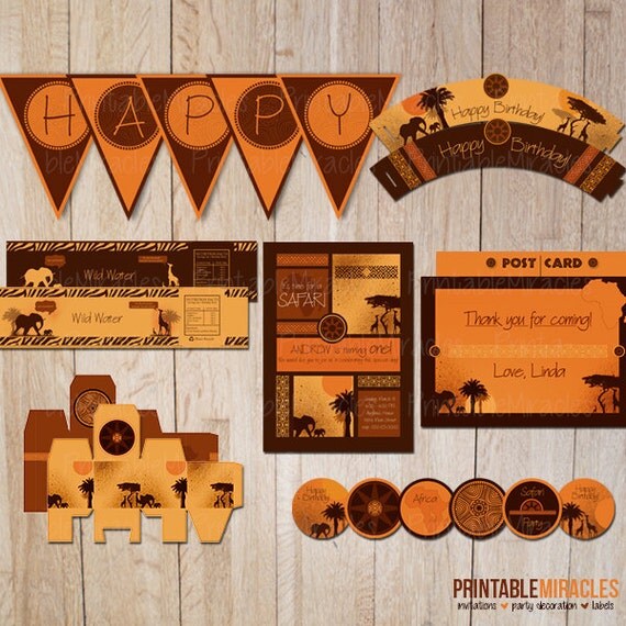 Safari birthday party kit Printable African theme party package Jungle birthday party Zoo party package / Kids birthday kit / orange brown Il_570xn