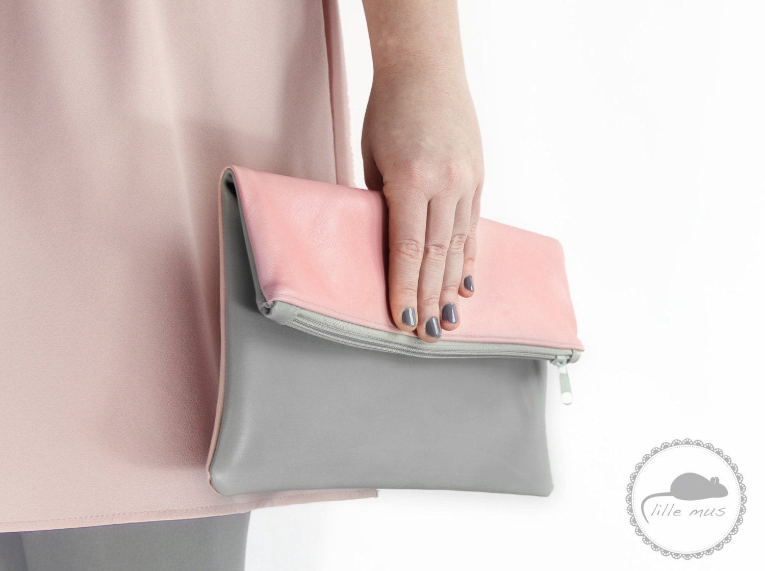 foldover clutch Finja, pink grey leather modern simple leatherclutch evening bag clutch rose - LilleMusShop